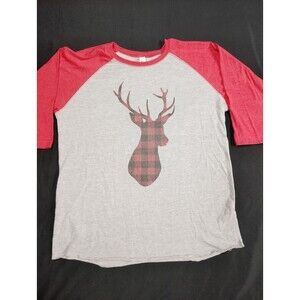 Grey Raglan Half Sleeve Top with red sleeves and Buffalo Plaid Deer Head